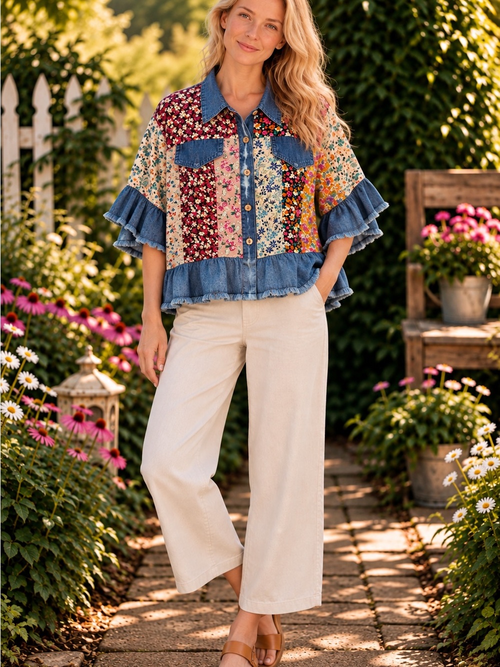 Young Threads Patchwork Floral Denim Ruffle Top L NWT